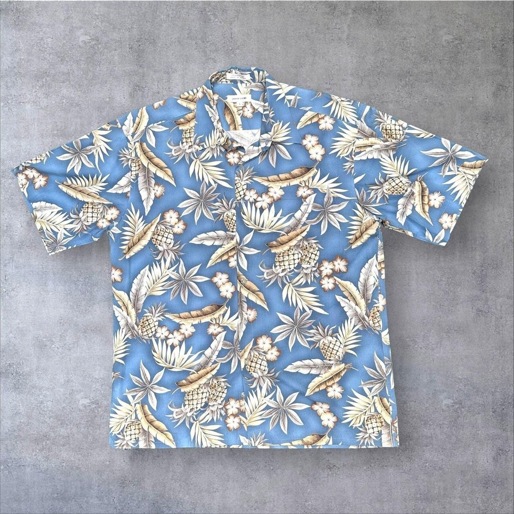 Vintage 80s Cotton Hawaiian Shirt Pierre Cardin Mens Large Blue Pineapple Resort